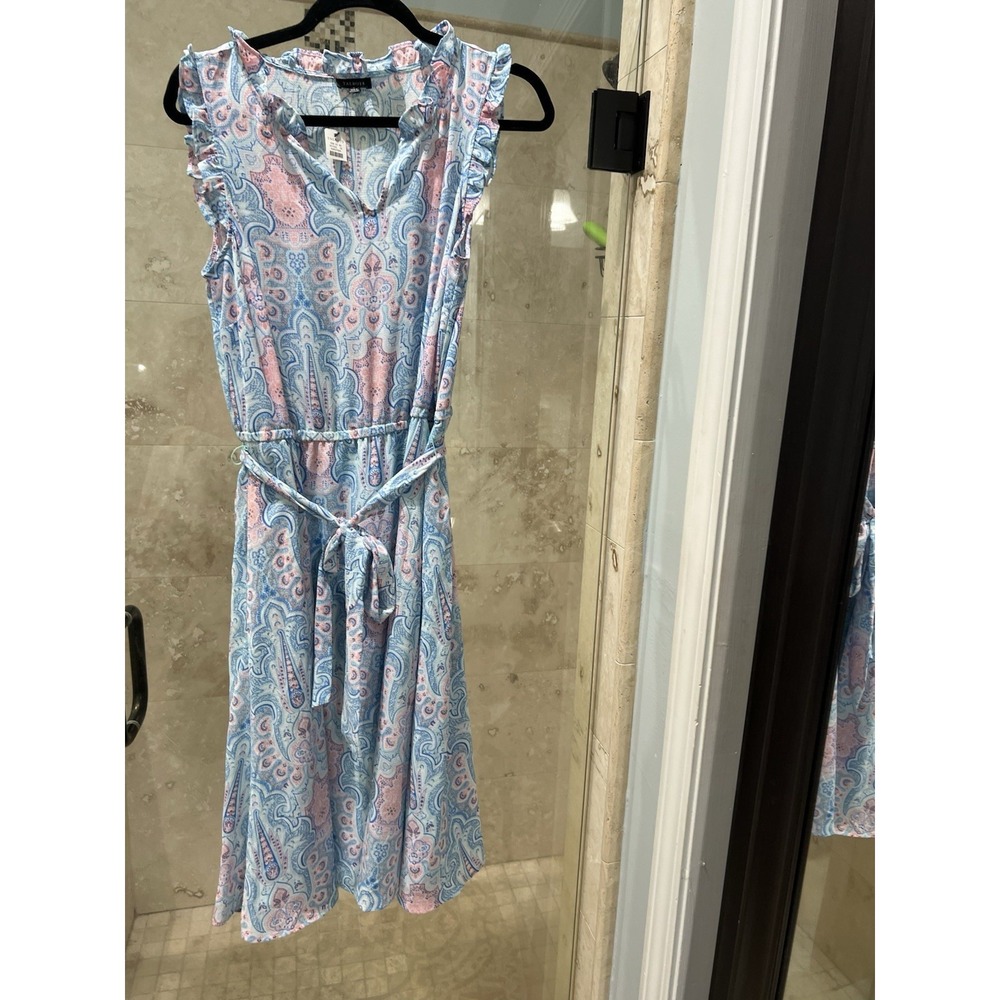 Talbots Women 8 Paisley Floral Dress Blue Pink Belted Ruffle Crepe Pockets NEW